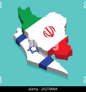 Iran and Israel map isolated with 3d flag. Iran VS Israel, Israel and Iran War concept. Two countries flag with each other. state flags of Islamic Rep Stock Vector