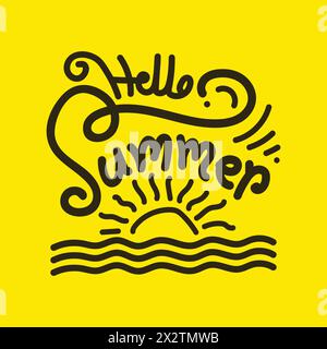 Hello Summer hand drawn lettering with sun and sea wave vector illustration. Summer inscription on yellow background. Hello summer logo. Summer phras Stock Vector