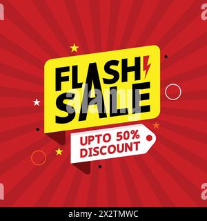 Flash Sale template design with up to 50% off offering tag. Business promotional advertisement banner. Discount modern sticker design with geometric Stock Vector