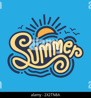 Summer hand drawn typography with beach waves, sun and birds. Summer paradise on ocean blue background. Aloha beach. Summer t shirt design in vintage Stock Vector