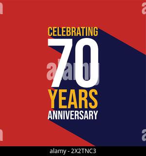 Celebrating 70 years anniversary template design with a long shadow on red background. 70th anniversary celebration event poster, invitation card Stock Vector