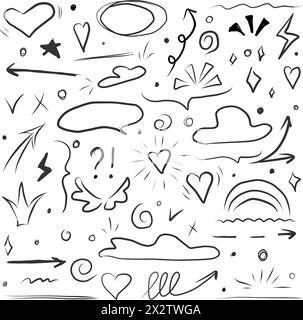 Strokes and highlighting, speech bubbles and underlines, glitter elements and hearts, clouds and arrows, ticks and crosses. Vector. Illustration Stock Vector