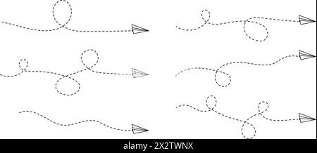 Set of paper plane icons with route dashed lines. Travel, journey or business trip concept. Message symbols. Delivery, destination or freedom signs isolated on white background. Vector illustration. Stock Vector