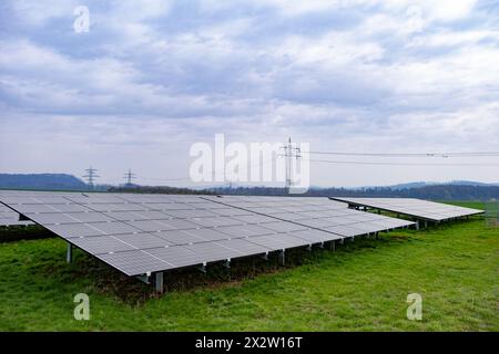 Rows photovoltaic panels stretch across solar farm, capturing sun's energy for sustainable future, Solar farms clean energy, generating electricity fr Stock Photo