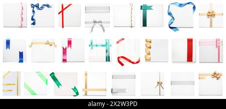 Collage of color ribbons with blank posters on white background Stock ...
