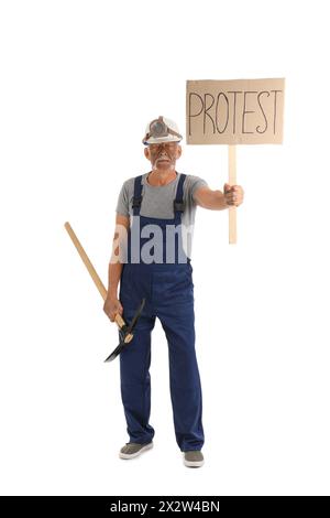 Protesting miner man with pick axe and placard on white background Stock Photo
