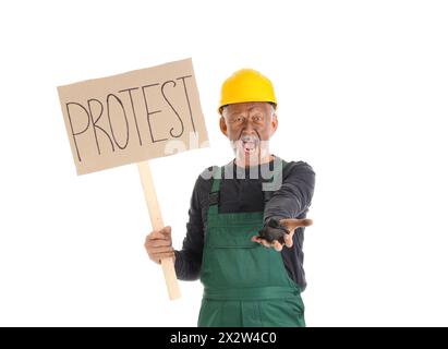 Protesting miner man with coal and placard on white background Stock Photo