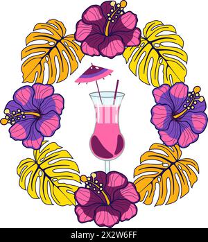 Summer cocktail in tropical wreath from monstera leaves and hibiscus flowers. Vector illustration Stock Vector