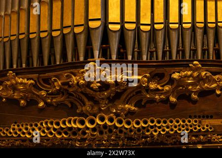 Detail of a pipe organ in the Church of Clérigos (Igreja dos Clérigos) in the City of Porto, Portugal. Stock Photo