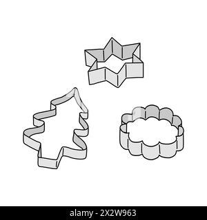 Side view of cookie cutters in different shapes, star, round, Christmas tree, cooking or baking utensil, kitchen design element, doodle style vector illustration Stock Vector