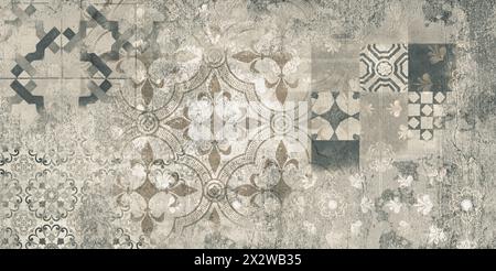 canvas texture background with islamic pattern .the patterns on vintage floor . Old gray rusty vintage worn shabby patchwork motif tiles stone concret Stock Photo