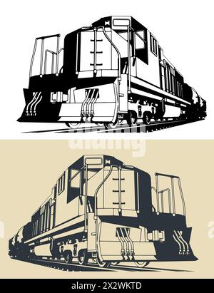 Stylized vector illustrations of a freight locomotive with tank wagons close up Stock Vector