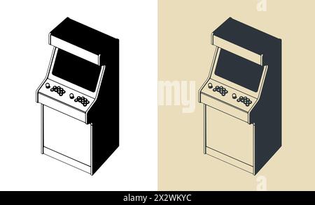 Stylized vector illustrations of a retro arcade games cabinet Stock Vector
