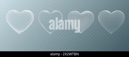 Set of vector realistic, transparent glass hearts. Stock Vector