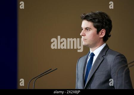 05.02.2024, Berlin, Berlin, Germany - French Prime Minister Gabriel Attal at the press conference for his inaugural visit to the Chancellery. 00R24020 Stock Photo