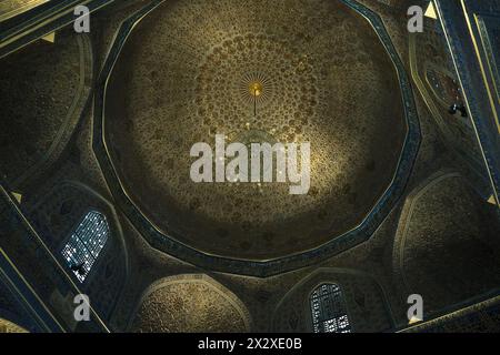 magnifecent ceiling with chandelier  inside of Amir Temur Mausoleum Stock Photo