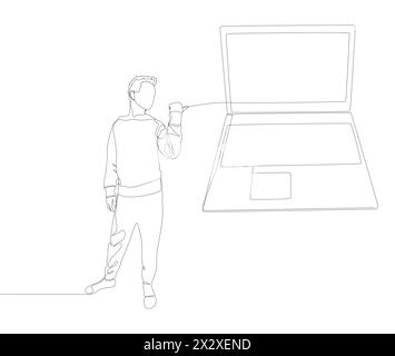 One continuous line of Man pointing with finger at Laptop. Thin Line Illustration vector concept. Contour Drawing Creative ideas. Stock Vector