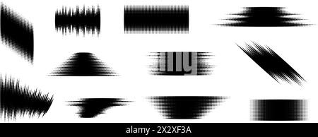 Halftone glitched element set. Dotted textured geometric form collection. Grunge abstract halftone shapes for print, banner, poster, collage, overlay, label, tag. Distressed distorted vector pack Stock Vector