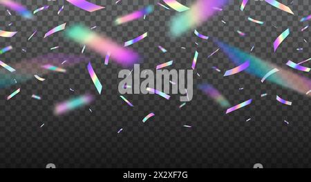 Holographic confetti, falling festive colorful glitters. Vector background with rainbow iridescent overlay texture, holiday foil hologram tinsel and serpentine with bokeh light effect and color glare Stock Vector