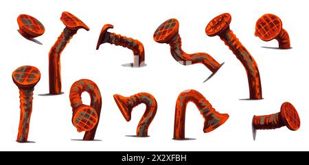 Rusty bent wall nails and hobnails with corroded surfaces and distorted shapes. Vector set of metal hardware spikes of orange color, curved and hammered into wall isolated old iron carpentry items Stock Vector