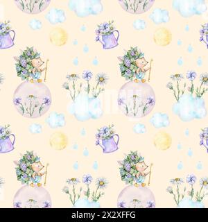 Seamless pattern with watercolor hedgehog and flowers Stock Photo