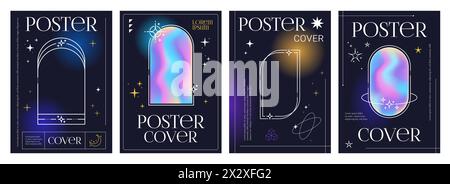 Holographic Y2K gradient posters and neon glow backgrounds with frame, vector cover templates. Y2K posters with holograph or iridescent color gradient and aesthetic geometric minimal line frames Stock Vector