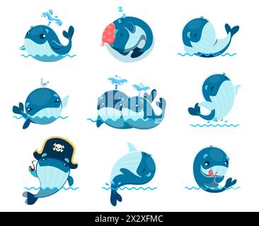 Cartoon cute kawaii whale characters. Funny sea water animals vector personages set of blue and humpback whales with happy smiles splashing water spouts through blowholes, swimming and jumping Stock Vector