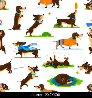 Cartoon dachshund dog puppy characters seamless pattern. Vector tile background with adorable long-bodied pups with expressive eyes and wagging tails engage in daily activities, fun and leisure Stock Vector