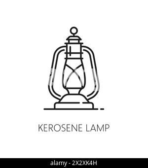Light and vintage kerosene lamps thin line icon. Miner vintage light equipment, retro kerosene lantern, camping old gas or oil lamp linear vector symbol or outline pictogram Stock Vector