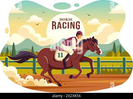 Horse Racing Competition Vector Illustration with Equestrian Performance Sport and Rider or Jockeys in a Racecourse on Flat Cartoon Background Stock Vector