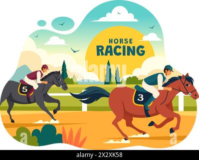 Horse Racing Competition Vector Illustration with Equestrian Performance Sport and Rider or Jockeys in a Racecourse on Flat Cartoon Background Stock Vector