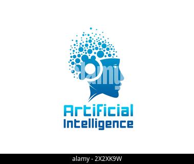 Ai artificial intelligence icon, computer brain, machine learning. Data technology isolated vector emblem with human or robot head profile and brain dots, symbolizing neural networks algorithms Stock Vector