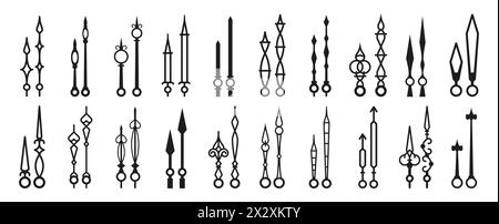 Clock hands, watch arrows and time pointers. Isolated vector icons set of black watch arrows. Monochrome hour and minute hand pairs, essential components of analog clocks in various shapes and sizes Stock Vector