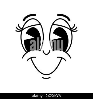 Cartoon funny smiling comic groovy face emotion, retro cute emoji character. Isolated monochrome vector friendly personage scenery smile and big round eyes. Happy facial expression, positive feelings Stock Vector