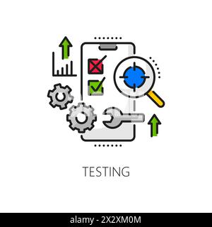 Mobile app develop and testing, web software optimization, cellphone application coding linear icon. Web app, digital product or application testing linear vector icon with phone, wrench and cog wheel Stock Vector