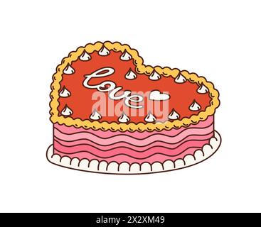 Cartoon retro groovy hippie love cake or pie heart for Valentine or wedding, vector icon. 70s hippie and groovy cartoon wedding cake with love hearts for love sticker and hipster t-shirt print Stock Vector