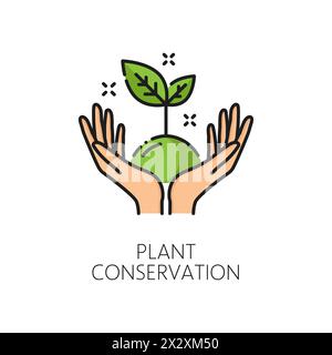 Plant conservation, ecology and environment outline icon. Green innovation end environment protection, sustainable future thin line vector pictogram or color icon with plant growing in human hands Stock Vector