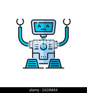 Humanoid robot, alien retro droid, game futuristic virtual bot outline color icon. Humanoid bot, alien cyborg or AI chatbot droid, virtual assistant vintage android on tracks line vector symbol Stock Vector