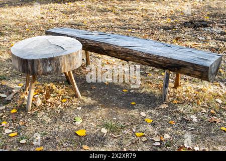Old wooden table and bench Stock Photo