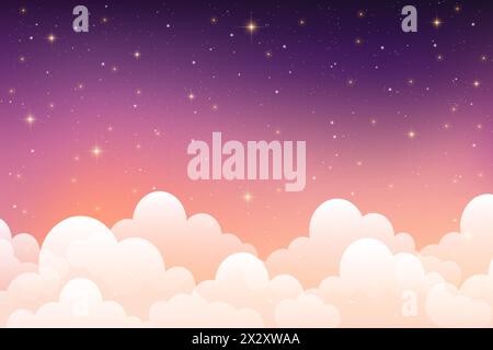 Pink cloudy sky background. Pastel fantasy purple sunset. Abstract dreamy magic vector wallpaper with soft light. Fairy heaven morning illustration Stock Vector
