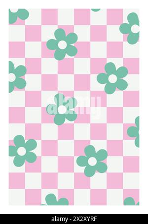 Psychedelic Checkerboard. Trippy checkered wallpaper. Groovy background with funky flowers. Hippie vector illustration in Y2k style. Vintage distorted Stock Vector