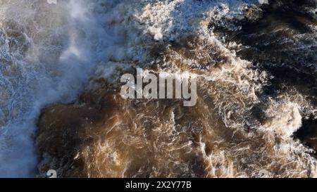 aerial image of waterfall in river in top view Stock Photo