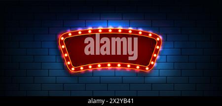 Red blank frame with light bulbs on dark blue brick wall background. Realistic 3d vector illustration of retro cinema or casino billboard with lamps. Circus or theatre empty banner template. Stock Vector