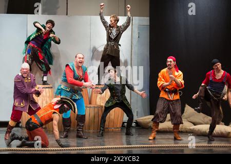 MOSCOW - OCT 18: A scene with pirates at open rehearsal of the musical Treasure Island in the Concert Hall Izmailovo on October 18, 2012 in Moscow, Ru Stock Photo