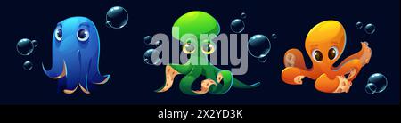 Octopus characters set isolated on black background. Vector cartoon illustration of blue, green, yellow underwater animals with tentacles and big eyes, bubbles in sea or ocean water, marine mascot Stock Vector