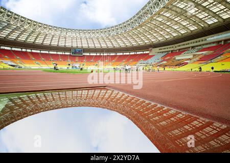 MOSCOW - JUN 11: Pit of water on track for steeplechase at Grand Sports Arena of Luzhniki OC at international athletics competitions IAAF World Challe Stock Photo