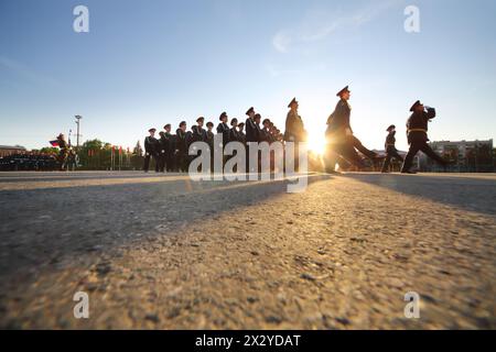 SAMARA - MAY 5: Soldiers marching on parade rehearsal before the Day of Victory in the Great Patriotic War on May 5, 2012 in Samara, Russia. Stock Photo