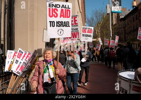 Pro-Palestine protesters hold placards expressing their opinions as they participate in a rally at Columbia University. Pro-Palestine demonstrators rallied at one of the entrances at Columbia University in Manhattan, New York City condemning the Israel Defense Forces' military operations in Gaza. Since last week, students and pro-Palestine activists inside the university have held a sit-in protest on the lawn, forming a 'Gaza Solidarity Encampment.' Students in other universities have been forming similar encampments in campuses nationwide in support of Palestine. Since the war started on Octo Stock Photo