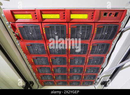 Part of telecommunications equipment in the rack. Stock Photo