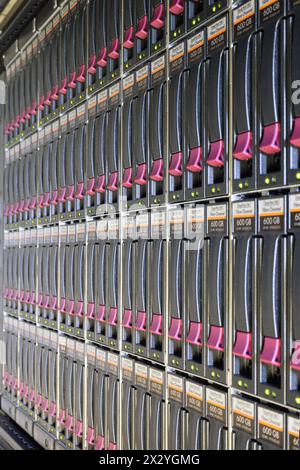Top view on big rack with multiple hard drives. Stock Photo